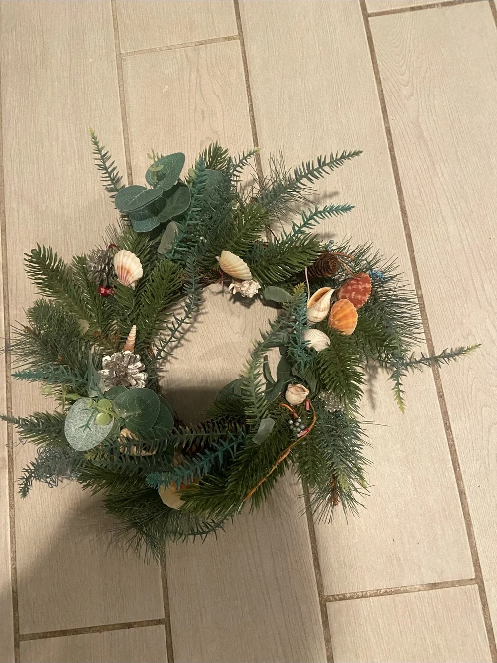 Festive Greenery Holiday Wreath with Seashell Accents
